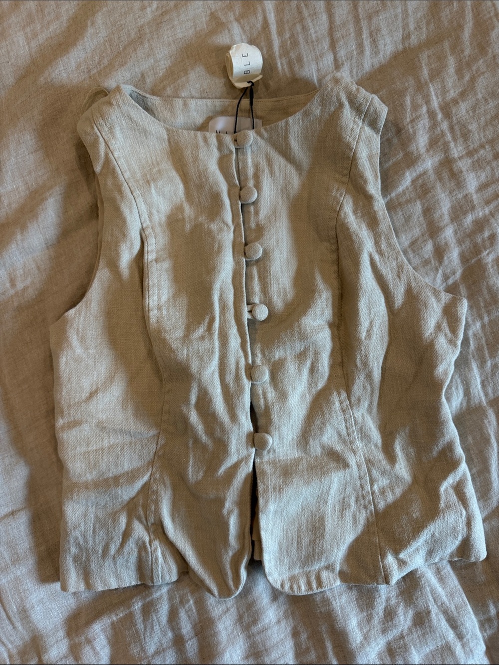 Sleeveless Button-Front Linen Top in Light Beige